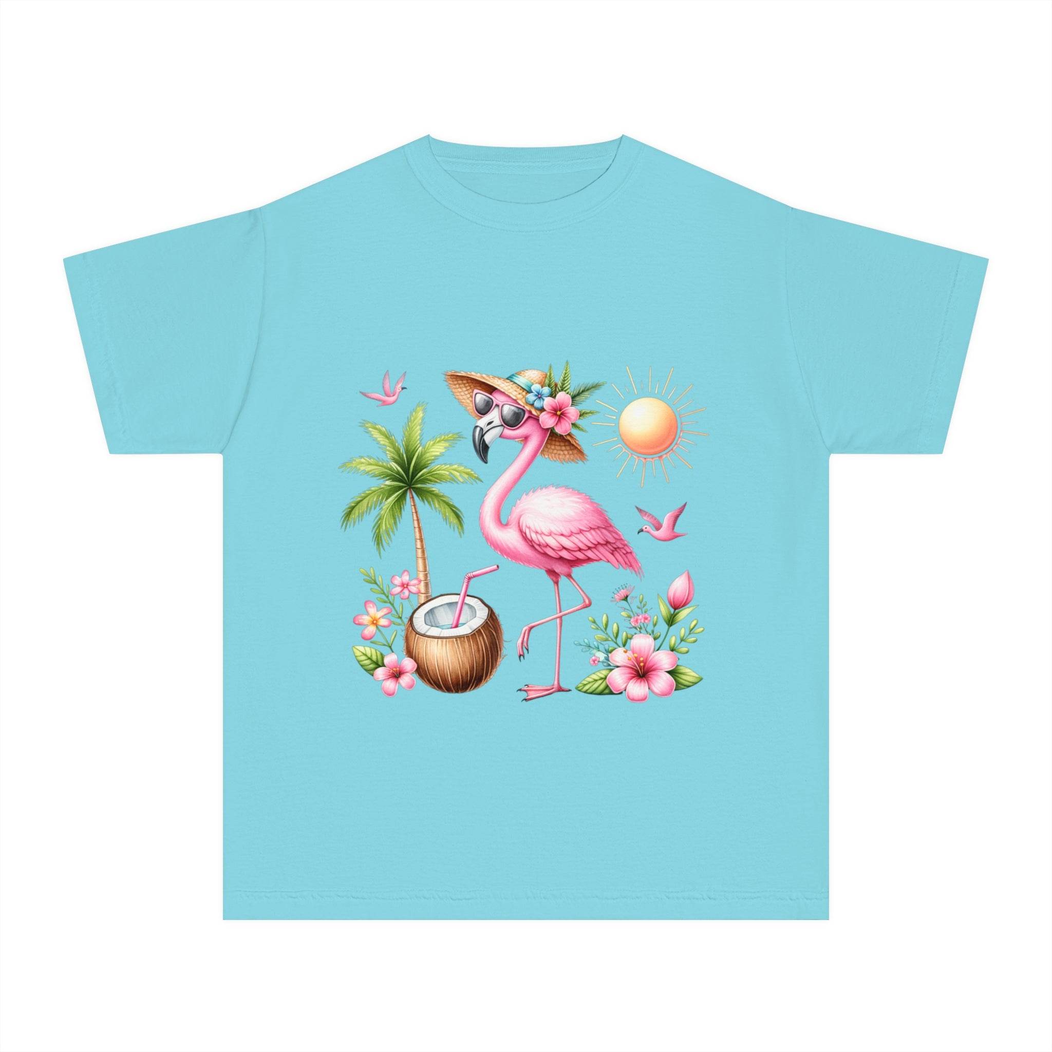 Printify eco-friendly youth t-shirt in blue with pink flamingo and tropical design