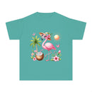 Printify eco-friendly youth t-shirt in teal with pink flamingo and tropical summer design