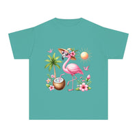 Printify eco-friendly youth t-shirt in teal with pink flamingo and tropical summer design