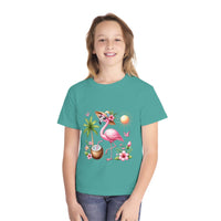 Printify eco-friendly youth t-shirt with tropical flamingo and floral design worn by smiling child