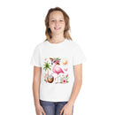 Printify eco-friendly youth t-shirt with tropical flamingo and palm tree design worn by a smiling child