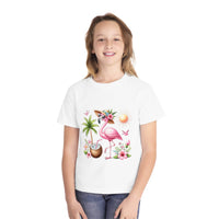 Printify eco-friendly youth t-shirt with tropical flamingo and palm tree design worn by a smiling child