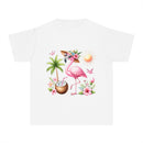 Printify eco-friendly youth t-shirt with tropical flamingo, palm tree, sun, and coconut design