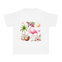 Printify eco-friendly youth t-shirt with tropical flamingo, palm tree, sun, and coconut design