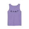 Printify lavender tank top with minimalist camping icons crescent moon tent mountains axe eco-friendly unisex tank top