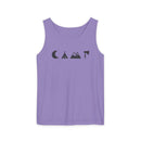 Printify lavender tank top with minimalist camping icons crescent moon tent mountains axe eco-friendly unisex tank top