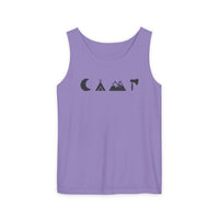 Printify lavender tank top with minimalist camping icons crescent moon tent mountains axe eco-friendly unisex tank top