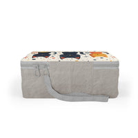 Printify cat-themed eco lunch carrier with gray base and colorful cat illustrations on top