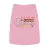 Pink eco-friendly pet tank top with playful If It Hits The Floor It Belongs To Me slogan and paw print design