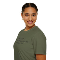 Printify model wearing olive green eco-friendly playful quote t-shirt with small black chest text and short sleeves
