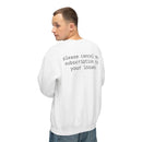 Printify white eco-friendly funny sweatshirt with back text please cancel my subscription to your issues worn by a man