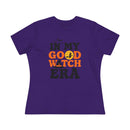 Printify purple womens tee with Good Witch moon bats and hat graphic eco friendly halloween t shirt women