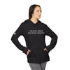Printify eco-friendly unisex fleece hoodie black with raising babies building business text worn by woman