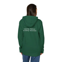 Printify eco-friendly unisex fleece hoodie in forest green shown from back with white raising babies building business text