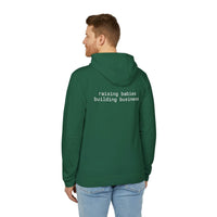 Printify eco-friendly unisex fleece hoodie in forest green back view with white text raising babies building business