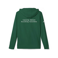 Printify eco-friendly unisex fleece hoodie green back view hooded pullover with white text raising babies building business