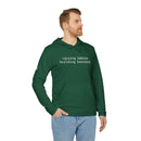 Printify eco-friendly unisex fleece hoodie dark green with white text raising babies building business on male model