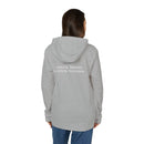 Printify eco-friendly unisex fleece hoodie light gray back view with white text reading raising babies building business