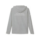 Printify eco-friendly unisex fleece hoodie gray back view with white text raising babies building business and small sleeve logo