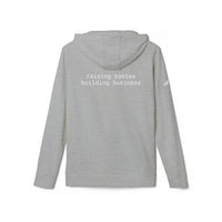 Printify eco-friendly unisex fleece hoodie gray back view with white text raising babies building business and small sleeve logo