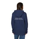 Printify eco-friendly unisex fleece hoodie navy back view with white text raising babies building business