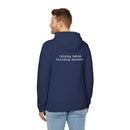 Printify navy hoodie back view on male model with raising babies building business text eco-friendly unisex fleece hoodie