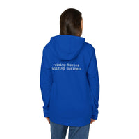 Printify royal blue eco-friendly unisex fleece hoodie back view with white text reading raising babies building business