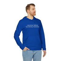 Printify royal blue eco-friendly unisex fleece hoodie with white raising babies building business text on front
