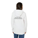 Printify eco-friendly unisex fleece hoodie white back view showing printed text raising babies building business on back
