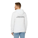 Printify eco-friendly unisex fleece hoodie white back view on male model with printed raising babies building business text
