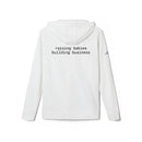 Printify white eco-friendly unisex fleece hoodie back view with black text raising babies building business