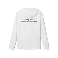 Printify white eco-friendly unisex fleece hoodie back view with black text raising babies building business