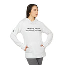 Printify white eco-friendly unisex fleece hoodie with kangaroo pocket and raising babies building business text