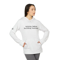 Printify white eco-friendly unisex fleece hoodie with kangaroo pocket and raising babies building business text