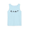 Printify eco-friendly unisex tank top light blue with minimalist black camping icons moon tent mountains axe