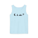 Printify eco-friendly unisex tank top light blue with minimalist black camping icons moon tent mountains axe