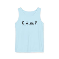 Printify eco-friendly unisex tank top light blue with minimalist black camping icons moon tent mountains axe