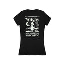 Black fitted T shirt with white witch silhouette moon stars and sarcastic slogan eco-friendly witchy graphic tee for Halloween