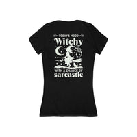 Black fitted T shirt with white witch silhouette moon stars and sarcastic slogan eco-friendly witchy graphic tee for Halloween