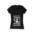 Printify eco-friendly witchy graphic tee black V neck women shirt with white witch moon stars and sarcastic slogan