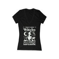 Printify eco-friendly witchy graphic tee black V neck women shirt with white witch moon stars and sarcastic slogan