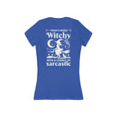 Blue fitted tee with white witch silhouette and text todays mood witchy sarcastic eco-friendly witchy graphic tee