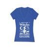 Printify blue V neck t shirt with white witch on broom moon stars and text Todays Mood Witchy eco-friendly witchy graphic tee