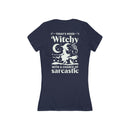 Printify navy fitted womens tee back print witch on broom moon stars Todays Mood Witchy eco-friendly witchy graphic tee