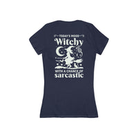 Printify navy fitted womens tee back print witch on broom moon stars Todays Mood Witchy eco-friendly witchy graphic tee