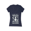 Printify navy womens V neck T shirt with white witch silhouette moon stars sarcastic slogan eco-friendly witchy graphic tee