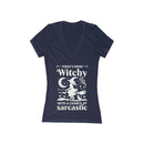 Printify navy womens V neck T shirt with white witch silhouette moon stars sarcastic slogan eco-friendly witchy graphic tee