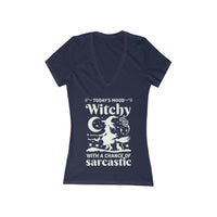 Printify navy womens V neck T shirt with white witch silhouette moon stars sarcastic slogan eco-friendly witchy graphic tee