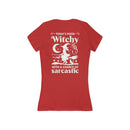 Printify eco-friendly witchy graphic tee red ladies fitted t shirt with white witch on broom moon and stars design
