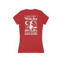 Printify eco-friendly witchy graphic tee red ladies fitted t shirt with white witch on broom moon and stars design